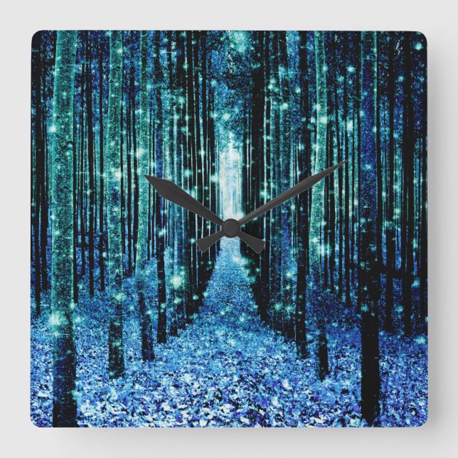 Horloge Carrée Forêt Magique Turquoise Bleu-vert (Recto)