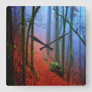 Horloge Carrée Forêt peinte Automne Brouillard bleu