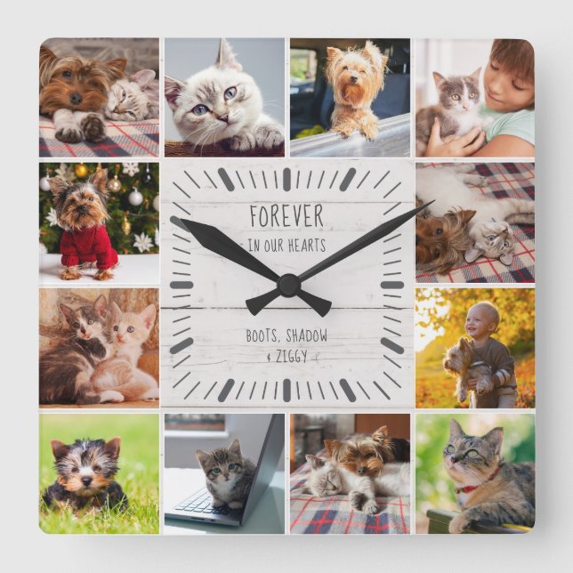 Horloge Carrée Forever in our Hearts Pet Farmhouse Photo Collage (Recto)