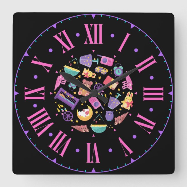 Horloge Carrée Formes et icônes pour bébés Numéros romains (Recto)