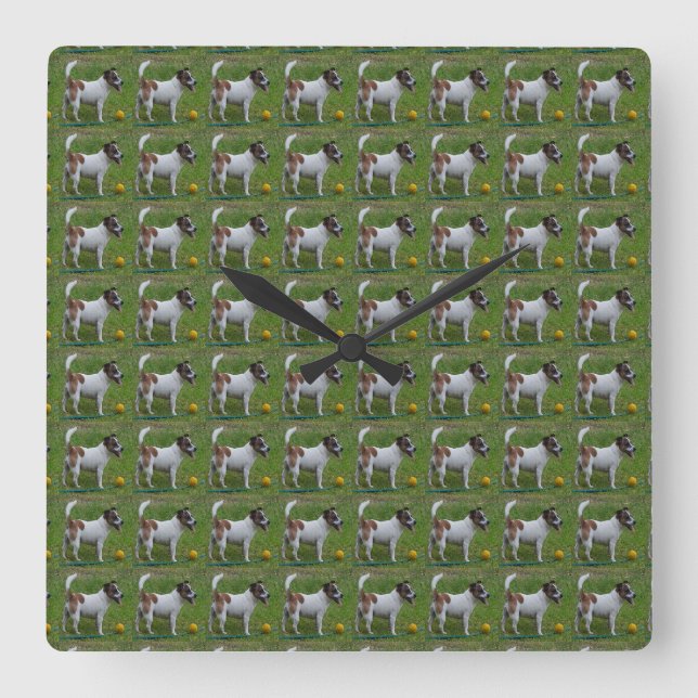 Horloge Carrée Fox Terrier With His Yellow Ball, Square Wallclock (Recto)
