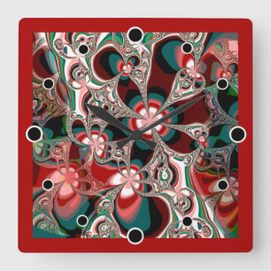 Horloge Carrée Fractal Floral in shades of Red and Green