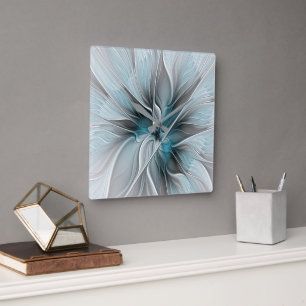 Horloge Carrée Fractal Floral Moderne Abstrait Fleur Bleu Gris