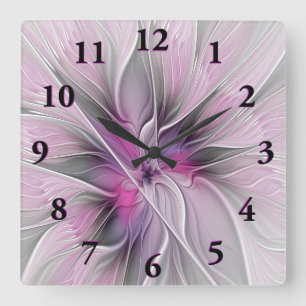 Horloge Carrée Fractal Floral Moderne Abstrait Fleur Rose Gris