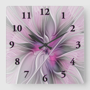 Horloge Carrée Fractal Floral Moderne Abstrait Fleur Rose Gris
