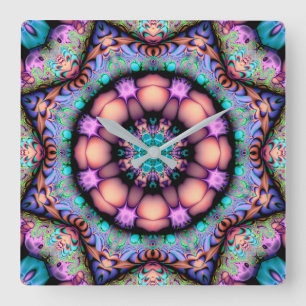 Horloge Carrée Fractal Mandala Floral Psychedelic