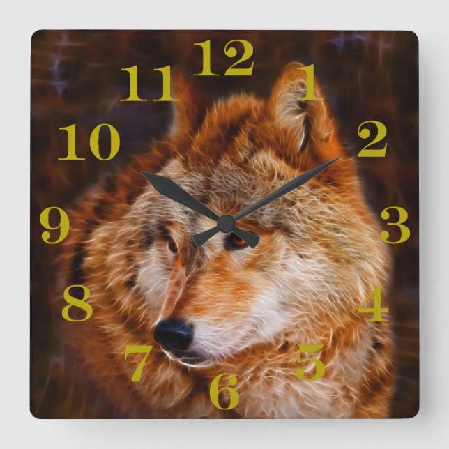 Horloge Carrée fractale du loup rouge (Recto)