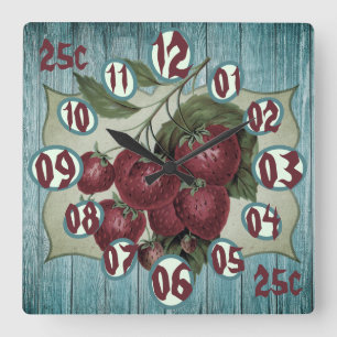 Horloge Carrée Fraise vintage rétro et panneau