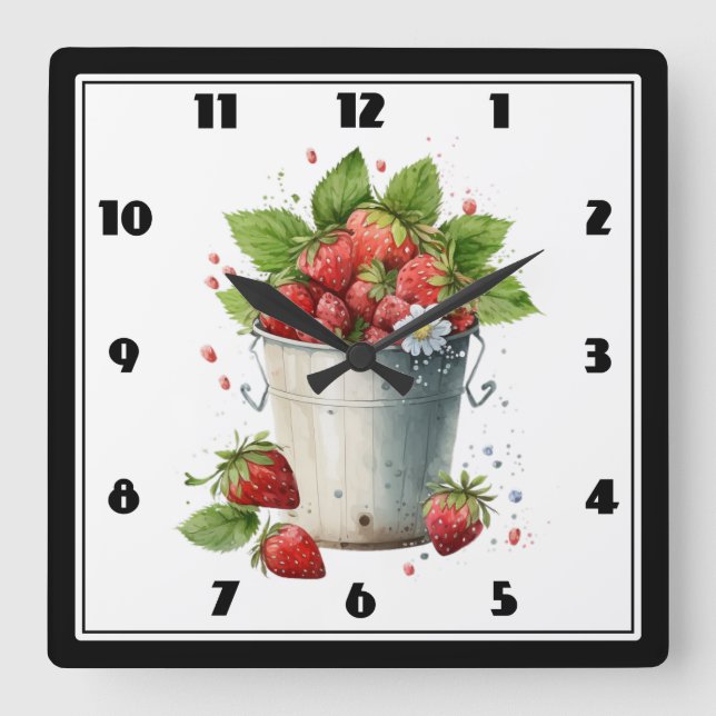 Horloge Carrée Fraises dans un seau (Recto)