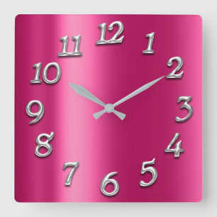 Horloge Carrée Framboise rose métal minimal argent Fuchsia