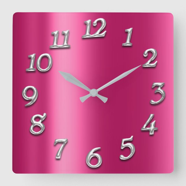 Horloge Carrée Framboise rose métal minimal argent Fuchsia (Recto)