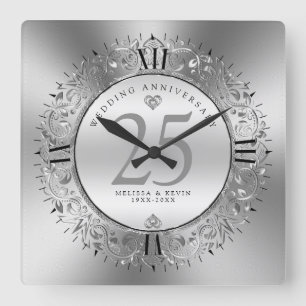 Horloge Carrée Frame circulaire en silve brillante 25e mariage