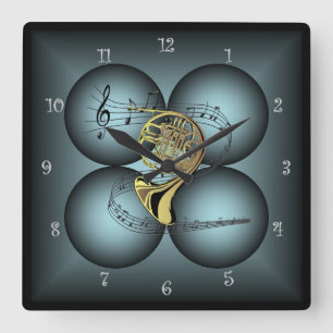 Horloge Carrée France Horn ~4 Globe ~Instrument de musique ~ Éche