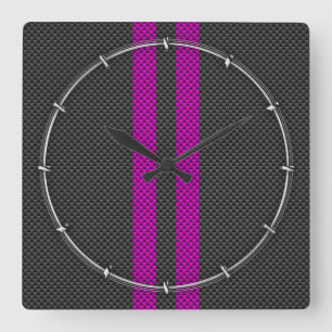 Horloge Carrée Frappes de course Fuchsia en fibre de carbone