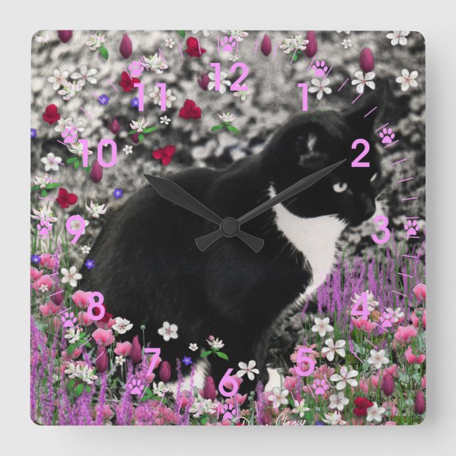 Horloge Carrée Frappes en Fleurs II - Tuxedo Kitty Cat (Recto)
