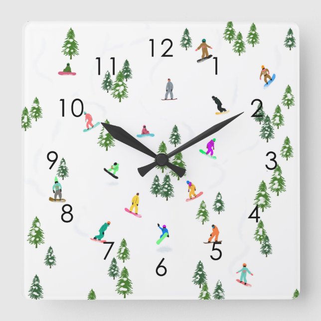 Horloge Carrée Freeride Snowboarder Illustration de snowboard (Recto)