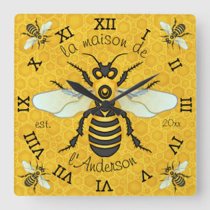 Horloge Carrée French Bee Honeycomb Family Name Elegant Honeybee