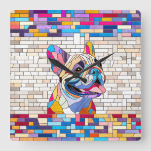 Horloge Carrée French Bulldog -Frenchie - mosaïque colorée