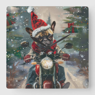 Horloge Carrée French Bulldog Riding Moto Noël
