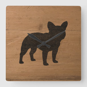 Horloge Carrée French Bulldog Silhouette   Faux Wood Frenchie Dog