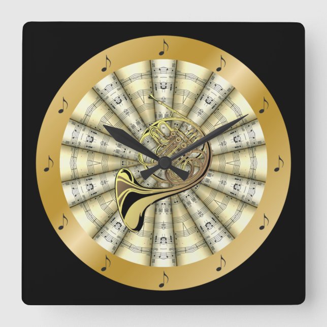 Horloge Carrée French Horn~Partition roulée~Noir ou toute couleur (Recto)
