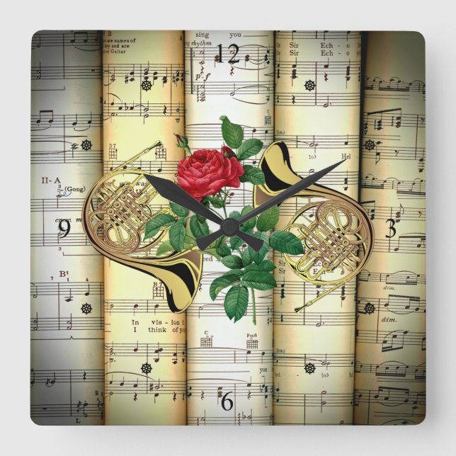 Horloge Carrée French Horns & Rose (Recto)