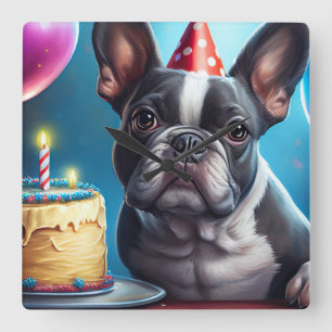 Horloge Carrée Frenchie Birthday Bash : Un mignon Bulldog françai