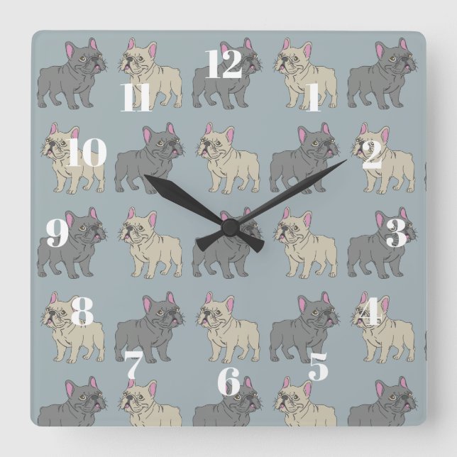 Horloge Carrée Frenchies, Smokey Bleu (Recto)