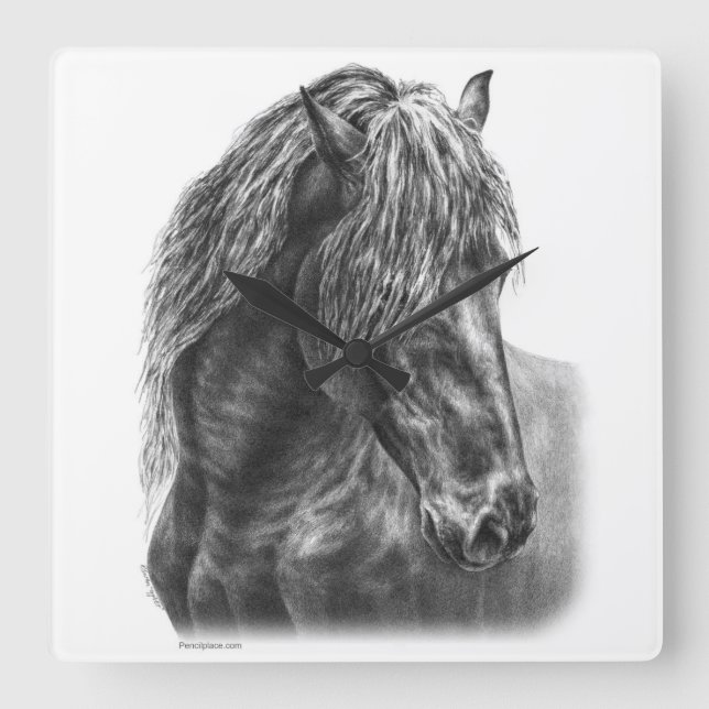 Horloge Carrée Friesian Horse Portrait Wavy Mane (Recto)