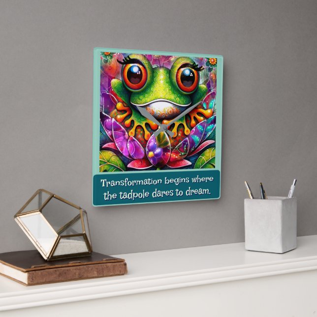 Horloge Carrée Frog Whimsical Abstract Art Floral Personalized (Bureau)