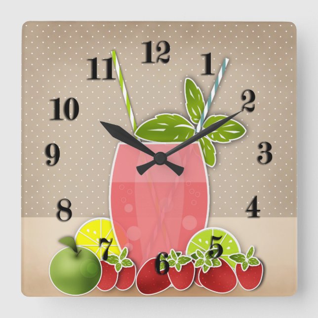 Horloge Carrée Fruits cocktail fraise pomme citron chaux rétro (Recto)