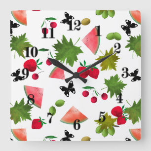 Horloge Carrée Fruits frais sans soucis Berries Caricature Aquare