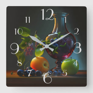 Horloge Carrée Fruits, vin et raisins Vie morte