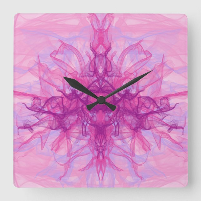 Horloge Carrée FUMÉE ROSE - Art fractal moderne et abstrait - (Recto)