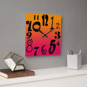 Horloge Carrée Fun funky numbers - hot red to orange gradient