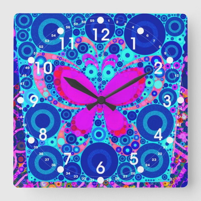 Horloge Carrée Fun Papillon Concentré Cercle Mosaïque Bleu rose (Recto)