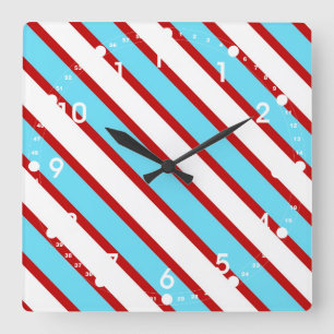 Horloge Carrée Fun Turquoise Blue Red and White Diagonal Stripes