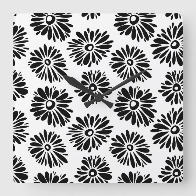 Horloge Carrée Funky Black and white floral (Recto)