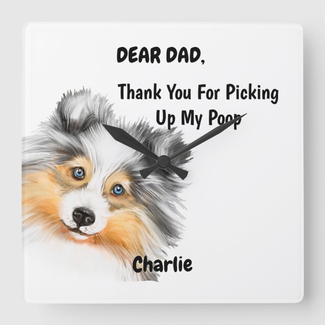 Horloge Carrée Funky Blue Merle Chien Papa Aquarelle Canine Art (Recto)