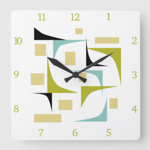 Horloge Carrée Funky Retro Atomique Mi-Siècle Corners Numéros