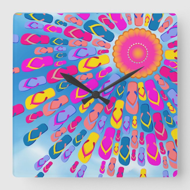 Horloge Carrée Funky Summer Sun Flip-flops Rays Wall Clock (Recto)