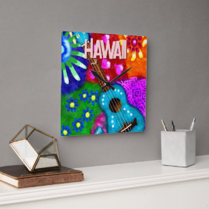 Horloge Carrée Funky Ukulélé Floral Tropical Abstrait Turquoise V
