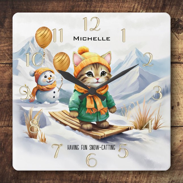 Horloge Carrée Funny Chat Snowboard Enfants d'hiver (Winter wall clock for children, featuring a funny painting of a cute kitty cat on a snowboard.)