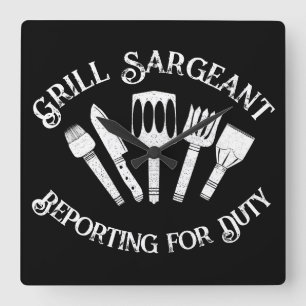 Horloge Carrée Funny Grill Sargeant’ - Cadeau barbecue pour Homme