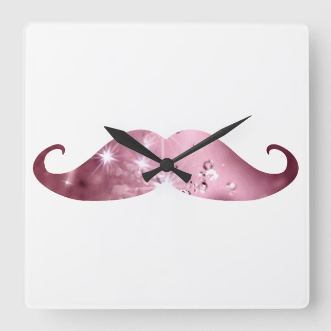 Horloge Carrée Funny Pink Bling Mustache (Recto)