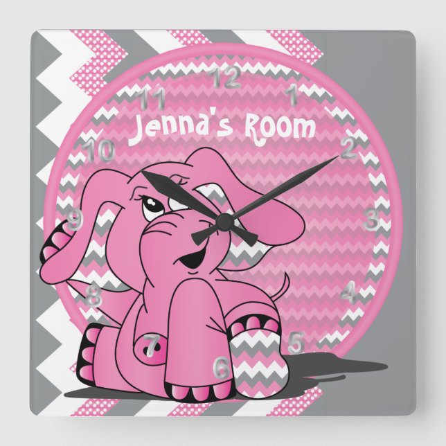 Horloge Carrée Funny Pink Elephant on Chevron Background (Recto)