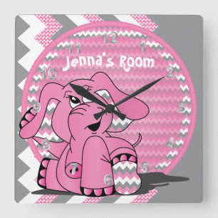 Horloge Carrée Funny Pink Elephant on Chevron Background
