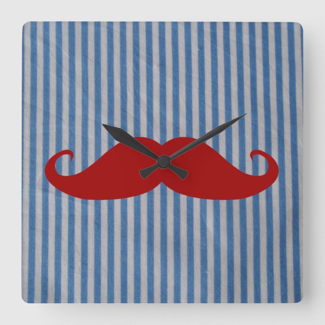 Horloge Carrée Funny Red Mustache and Blue White Stripes (Recto)
