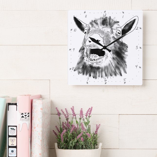 Horloge Carrée Funny Screaming Goat Drawing Quirky Animal Art (Funny screaming goat drawing black and white wall clock farm animal art humor)