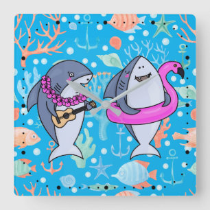 Horloge Carrée Funny Shark Sous la mer Coral Party Ukulele